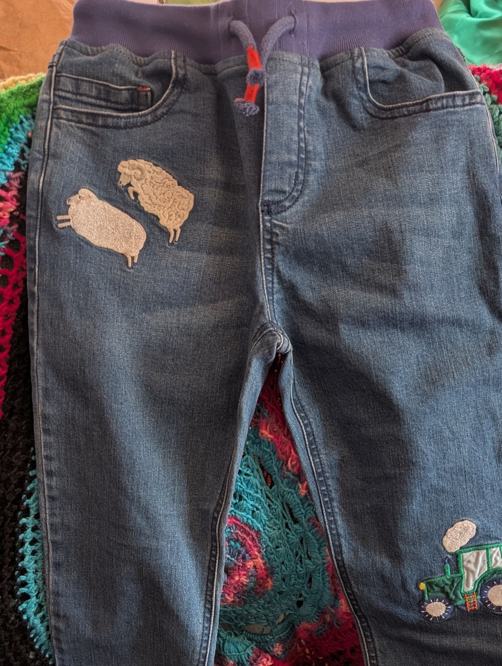 Girls' Blue Embroidered Tractor & Sheep Denim Jeans